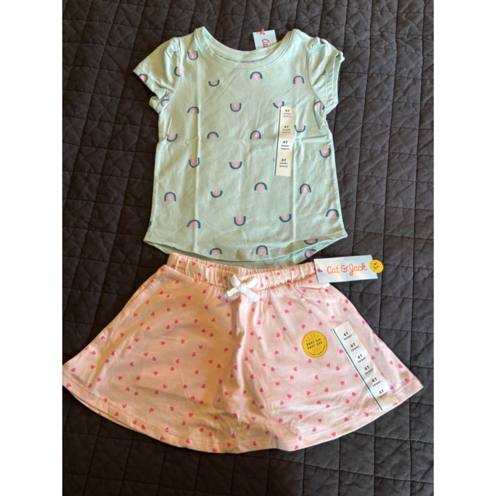 Cat & Jack Girls 4T Outfit Set Mint Green Rainbow Shirt Pink Heart Skort NWT